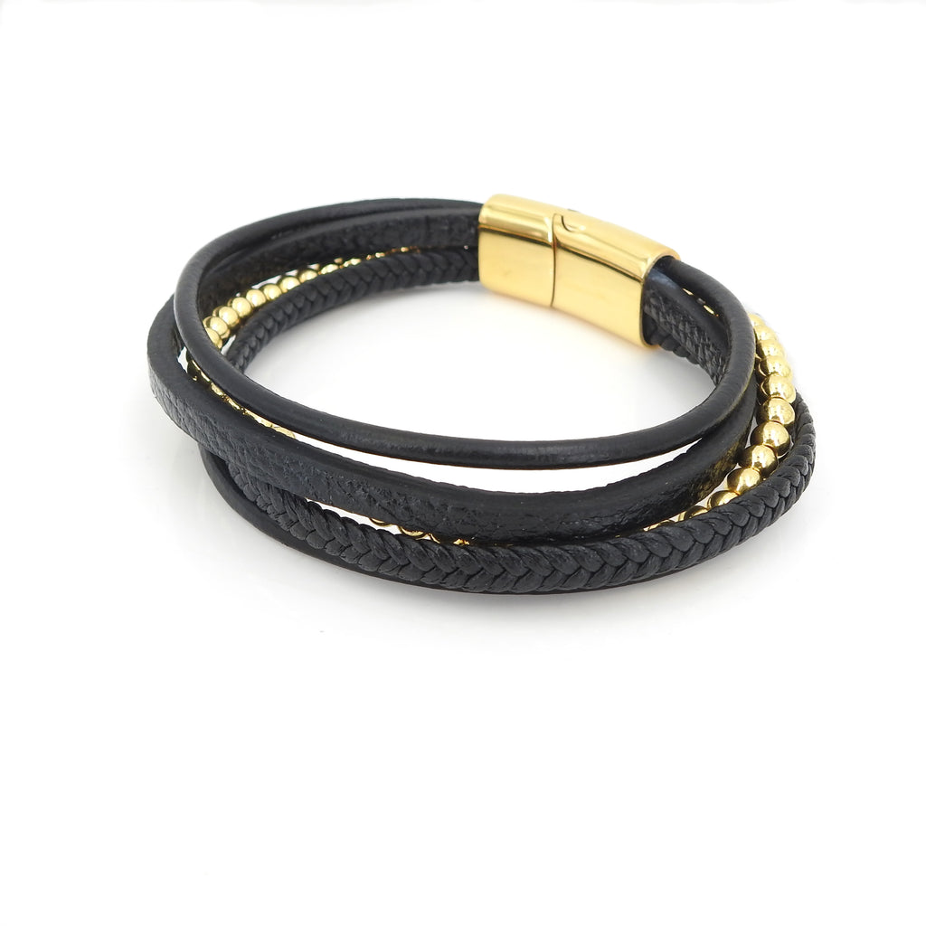 Stainless Steel Gold Tone & Leather Bracelet