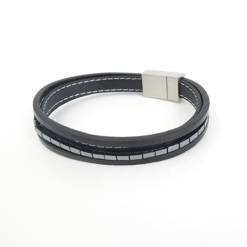 Black Leather Multi Strand & Hematite Bead Bracelet