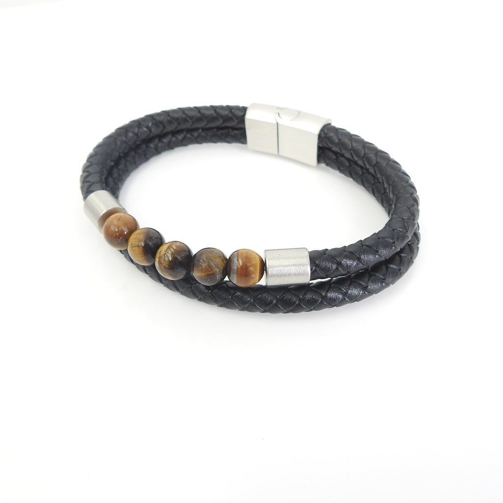 Stainless Steel Braided Leather w/ Tiger Eye Beads Bracelet