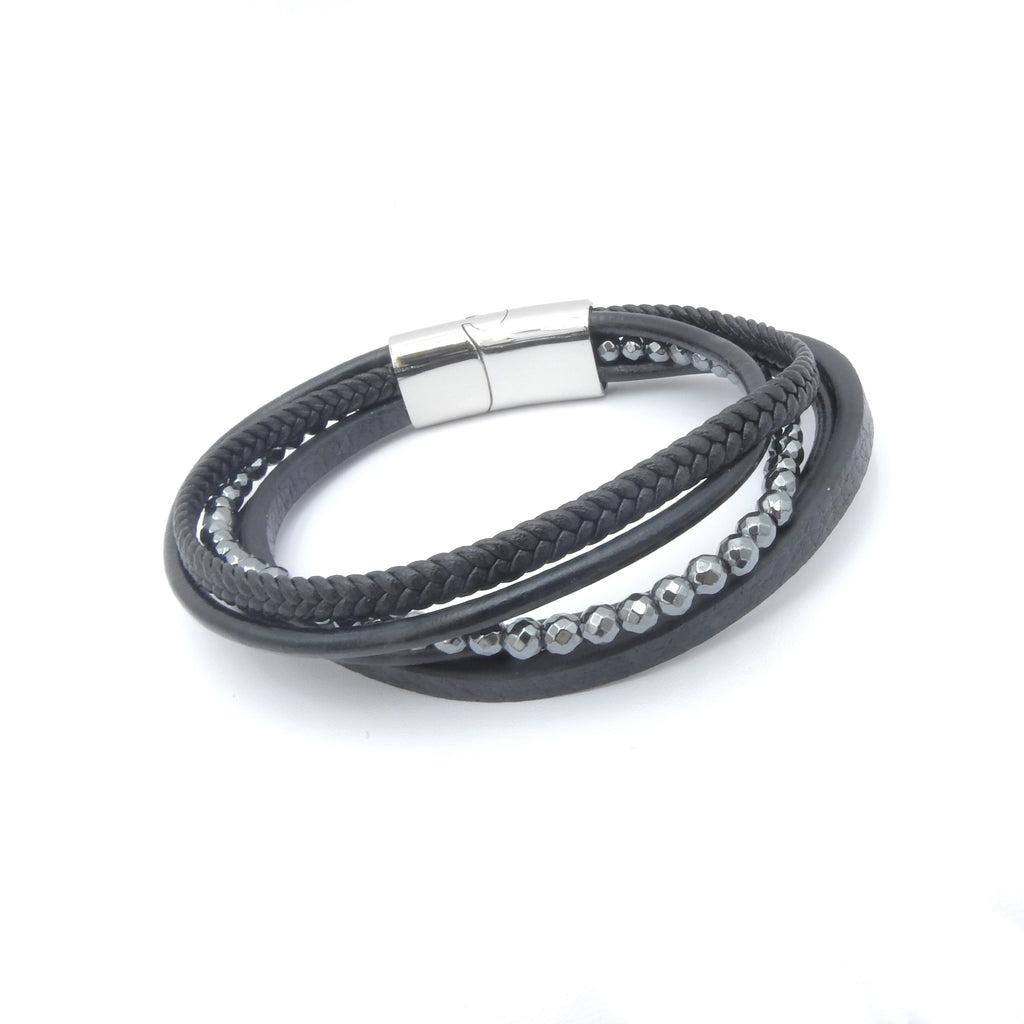Stainless Steel & Black Leather w/ Hematite Bracelet