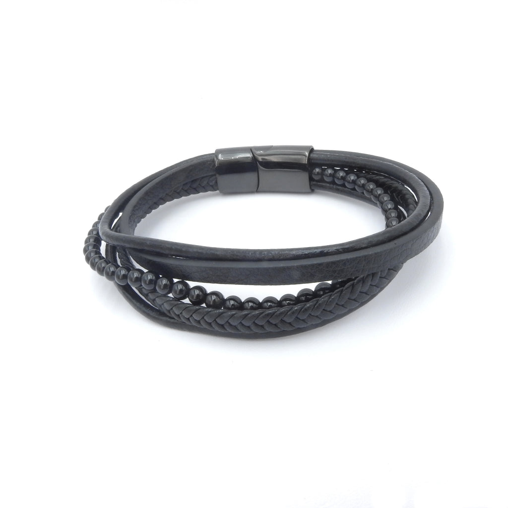 Stainless Steel & Leather w/ Black Beads Bracelet