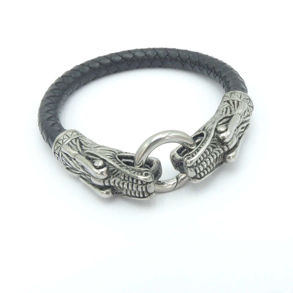 Stainless Steel Dragon & Leather Bracelet