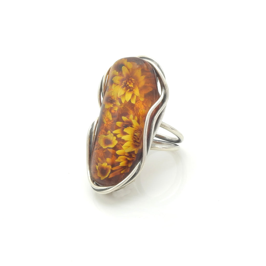 Sterling Silver Adjustable Carved Amber Ring
