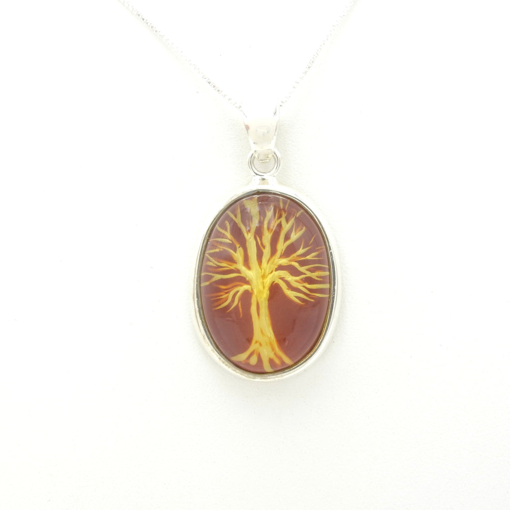 Sterling Silver Carved Amber Tree of Life Pendant