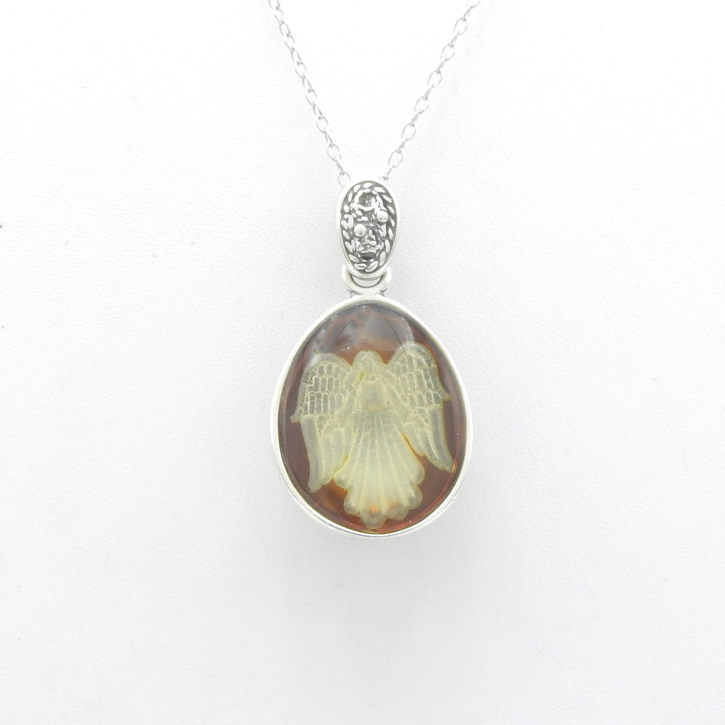 Sterling Silver Carved Amber Angel Pendant