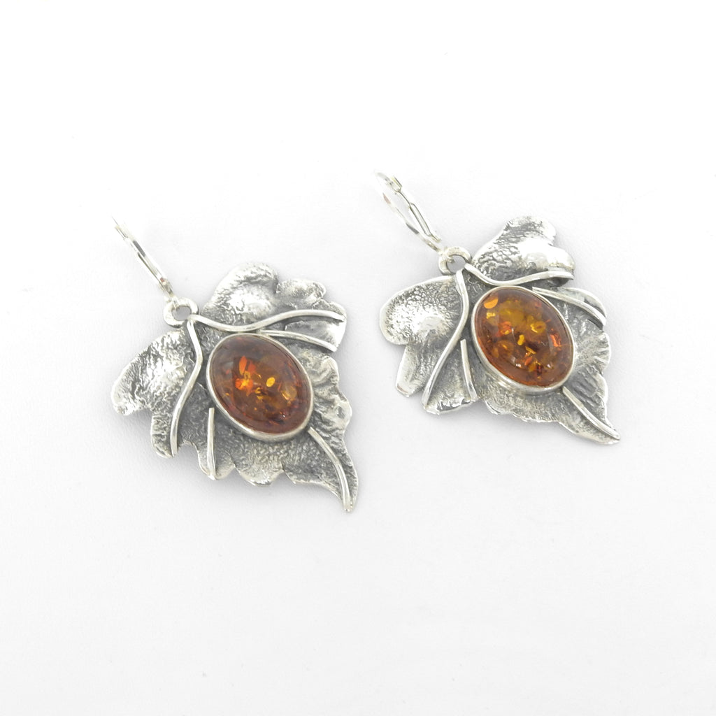 Sterling Silver Amber Leaf Earrings
