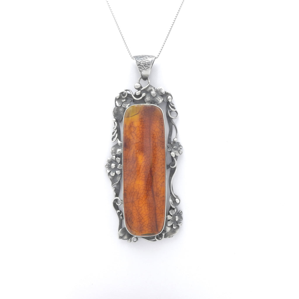 Sterling Silver Large Rectangle Amber Pendant w/ Flowers