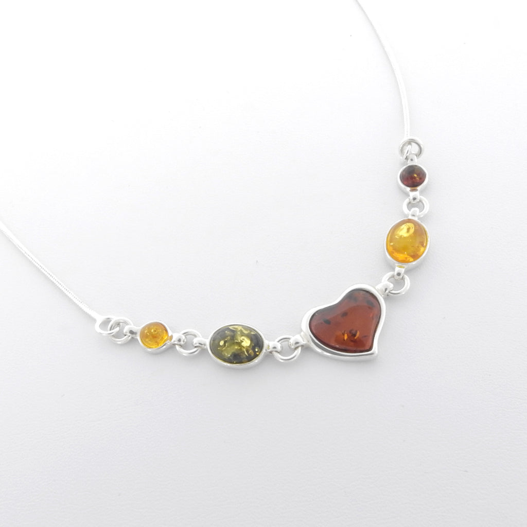 Sterling Silver Mixed Amber & Heart Necklace