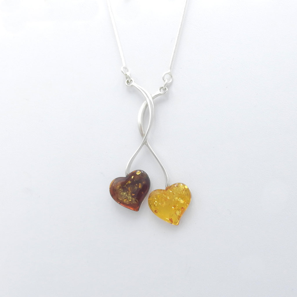 Sterling Silver Mixed Amber Double Heart Necklace
