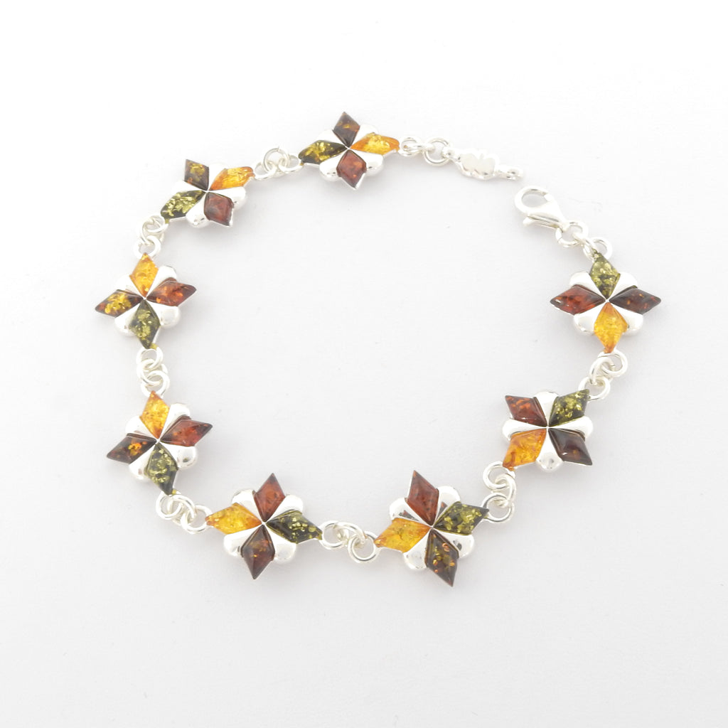 Sterling Silver Mixed Amber Flower Bracelet