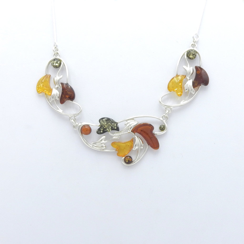 Sterling Silver Mixed Amber Hearts & Leaves Necklace