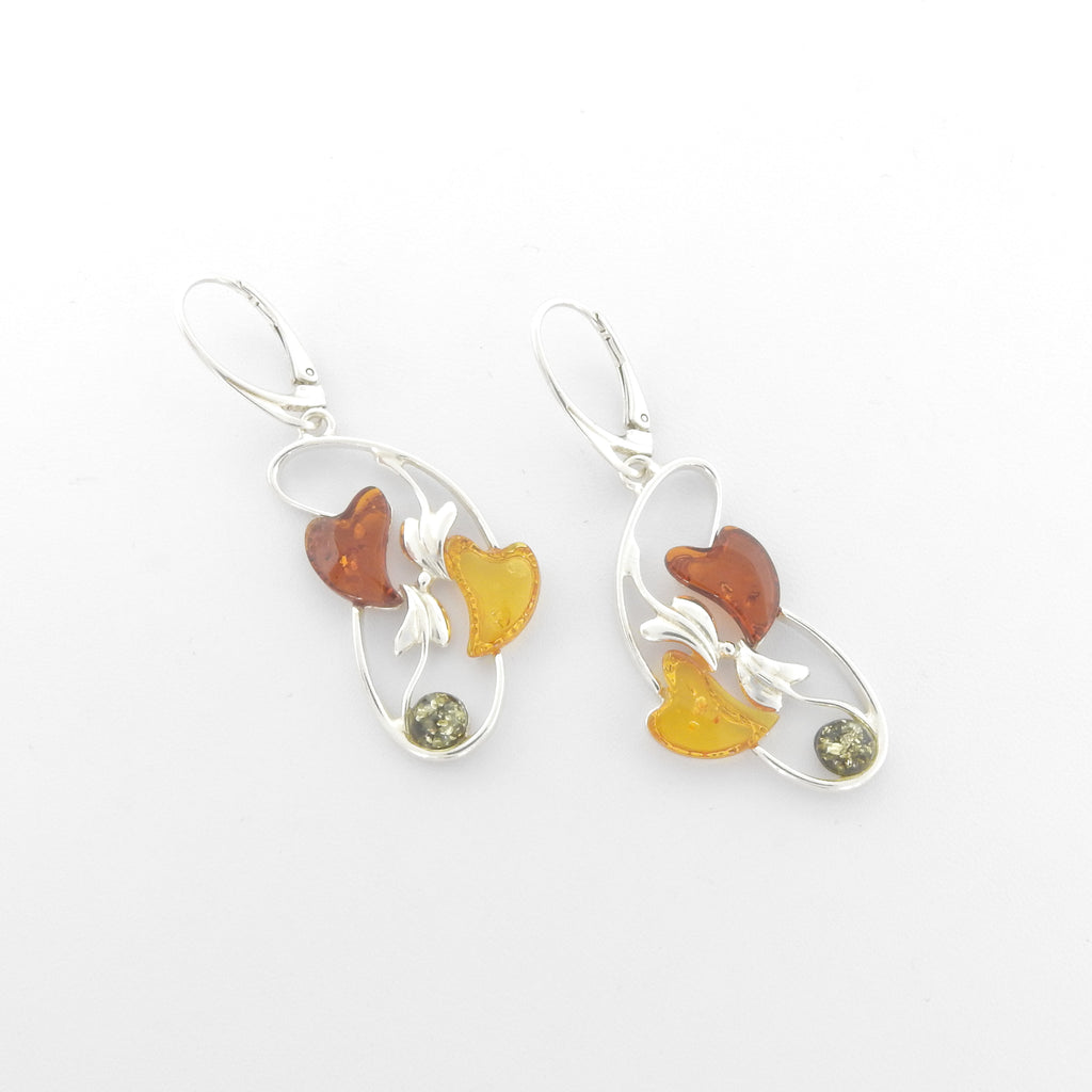 Sterling Silver Mixed Amber Heart & Leaves Earrings