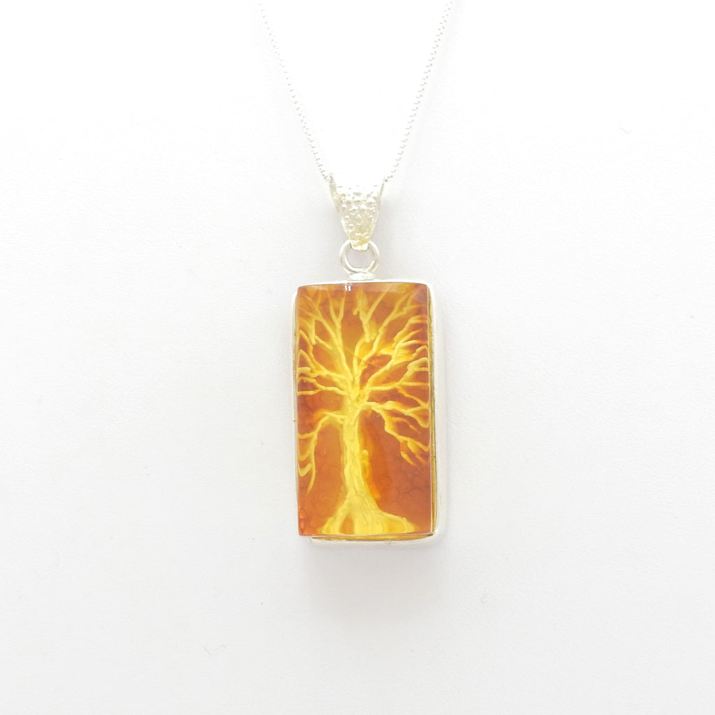Sterling Silver Carved Amber Tree of Life Pendant