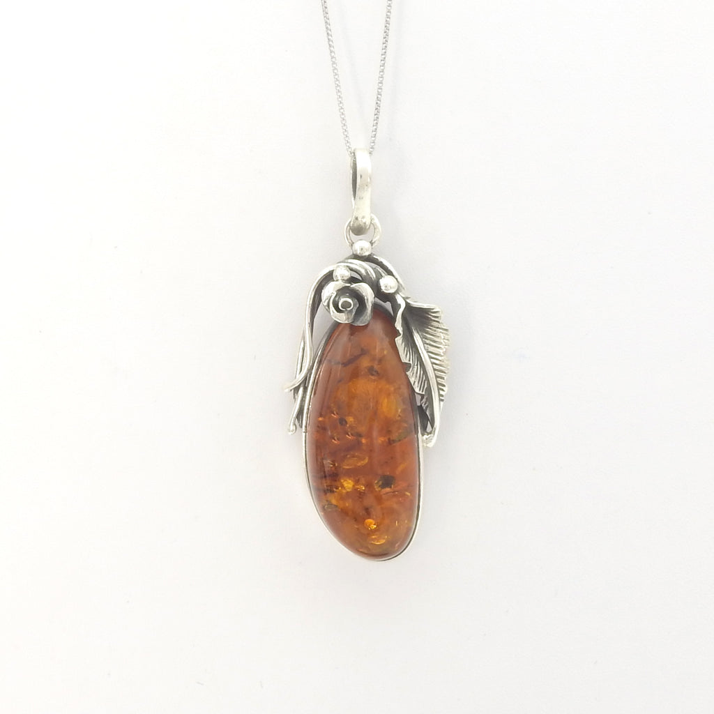 Sterling Silver Amber w/ Rose Detail Pendant