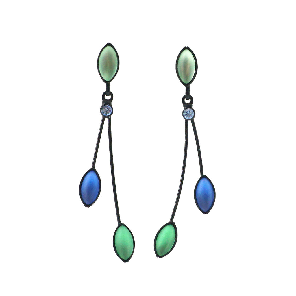 3 Leaves & Crystal Earrings, Blue/Green