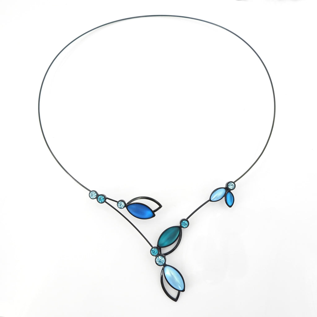 Memory Wire Teal Double Leaf & Crystal Necklace