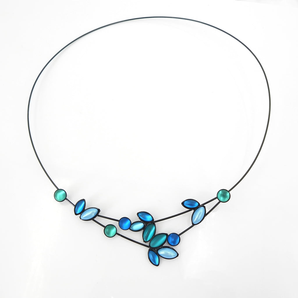 Memory Wire Blue & Teal Small Leaves & Branches Necklace