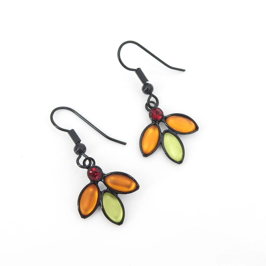 Czech Glass Green & Orange Leaf Earrings