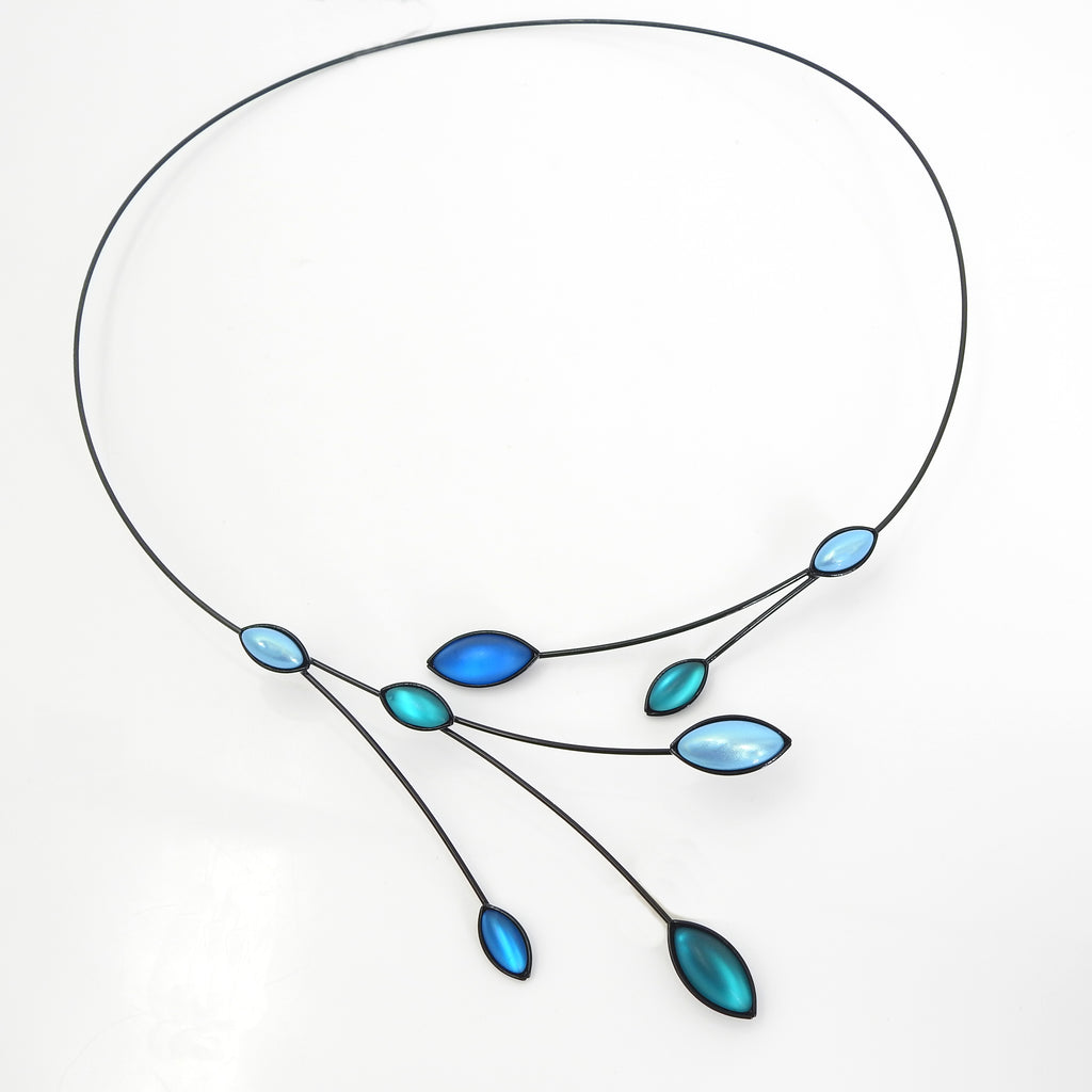 Memory Wire Blue & Teal Branches w/ Leaves Necklace