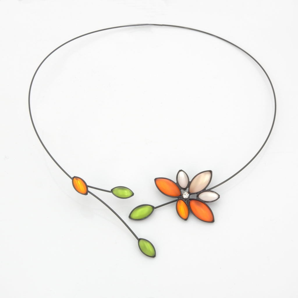 Black Memory Wire w/ Glass Flowers & Leaves Necklace