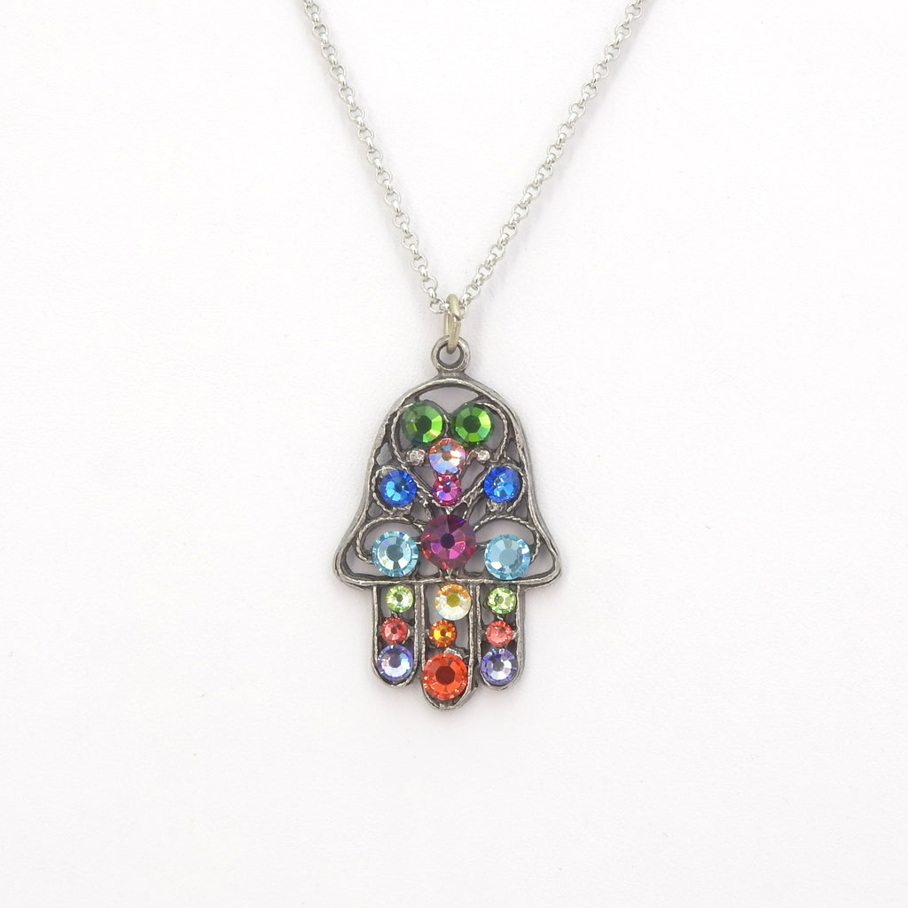 Hamsa w/ Multi Color Crystal Necklace