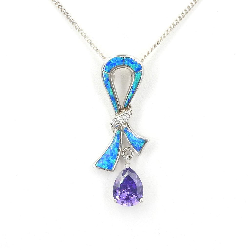 Sterling Silver Created Opal, CZ & Amethyst Pendant