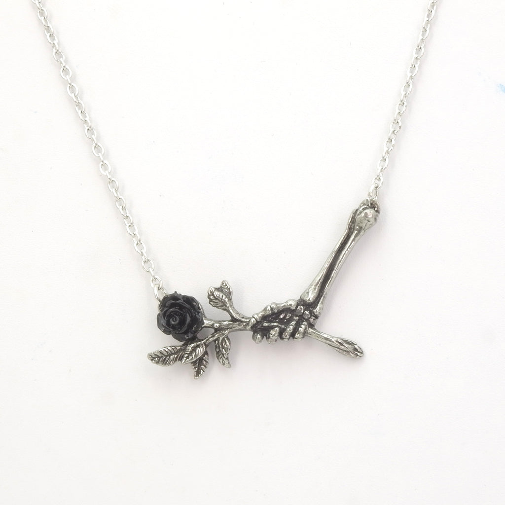 English Pewter Black Rose & Skeleton Necklace