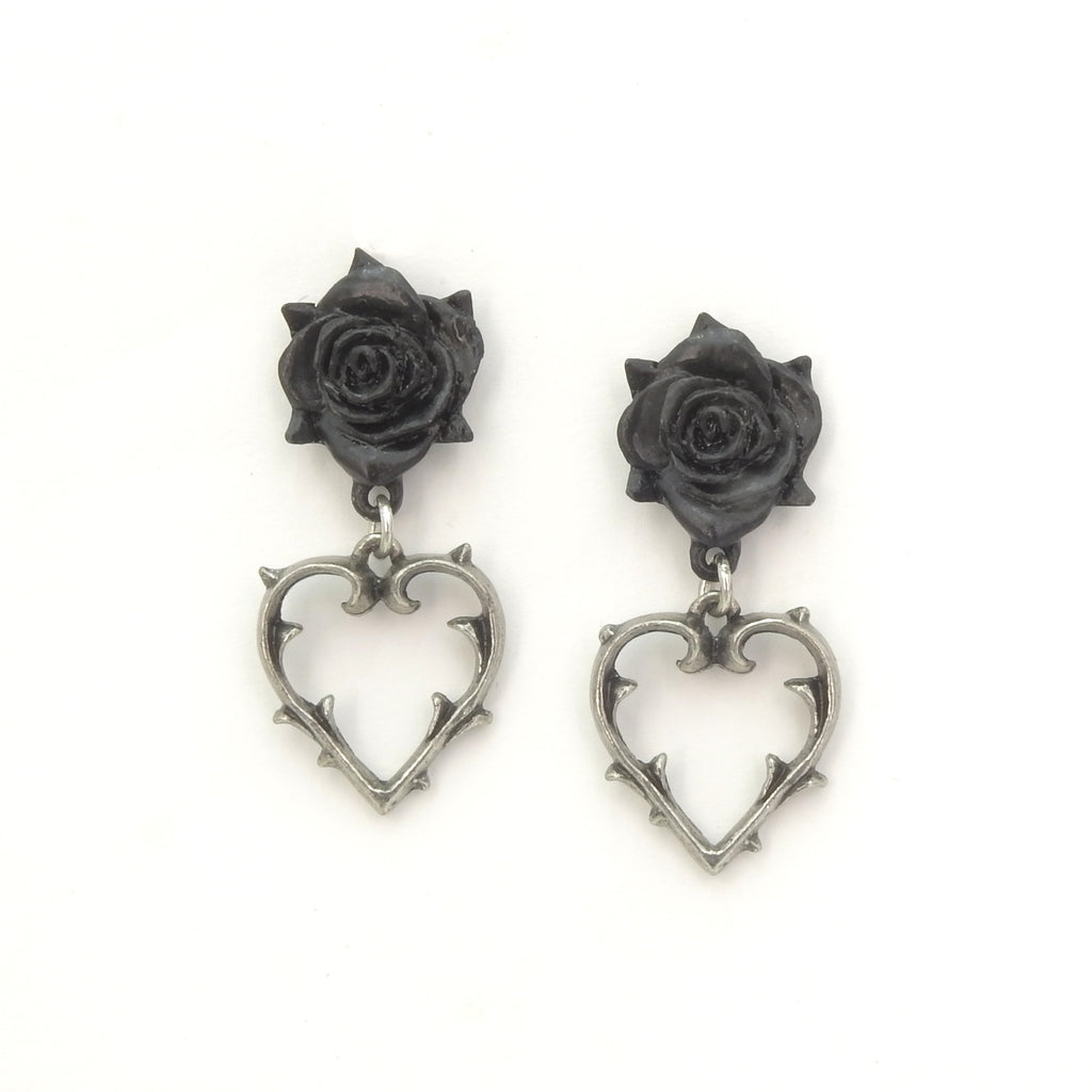 English Pewter Heart & Black Rose Earrings
