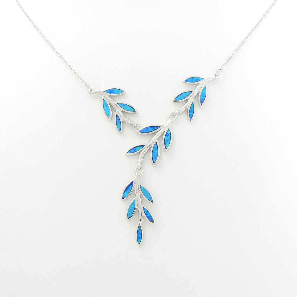 Sterling Silver Created Opal Leaf Necklace