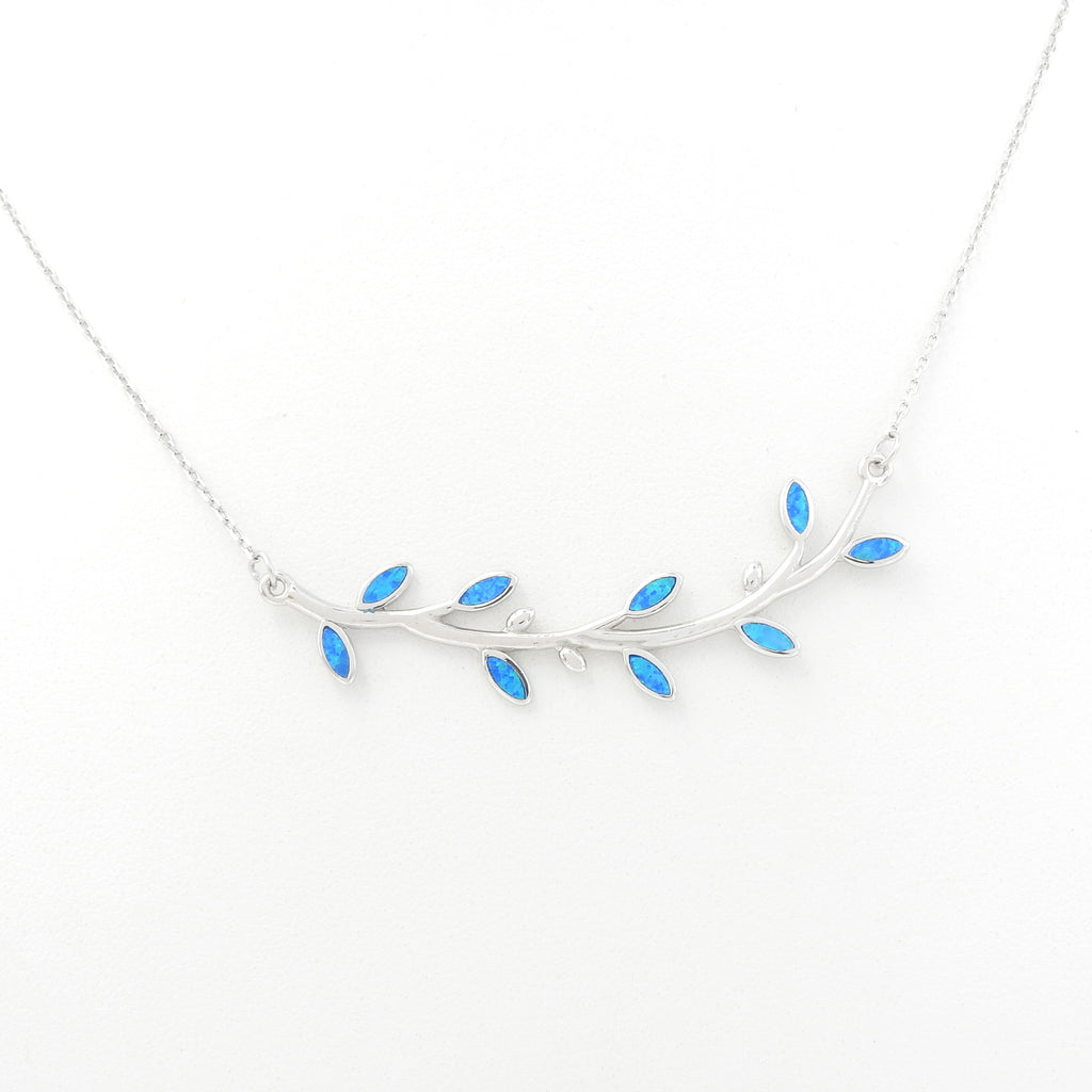 Sterling Silver Created Opal Leaf Bar Necklace