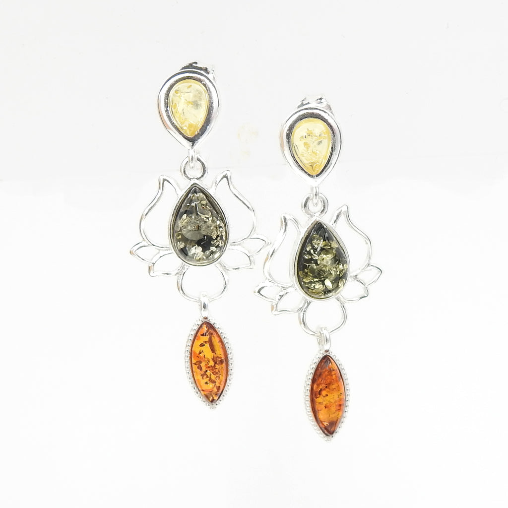 Sterling Silver Lotus Multi Color Amber Earrings