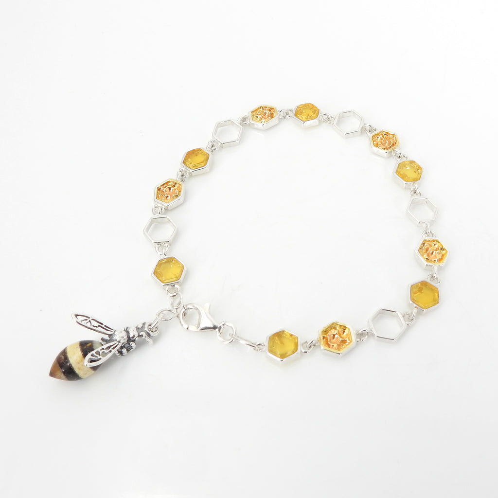 Sterling Silver Bee w/ Honeycomb Amber Bracelet