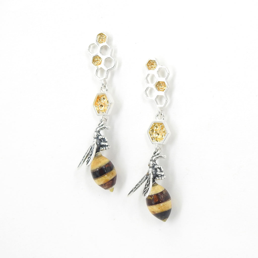 Sterling Silver Bee w/ Amber Honeycomb Earrings