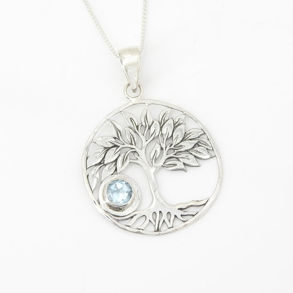 Sterling Silver Tree of Life w/ Blue Topaz Pendant