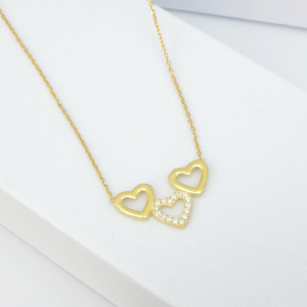 Sterling Silver Gold Vermeil Triple Heart CZ Necklace