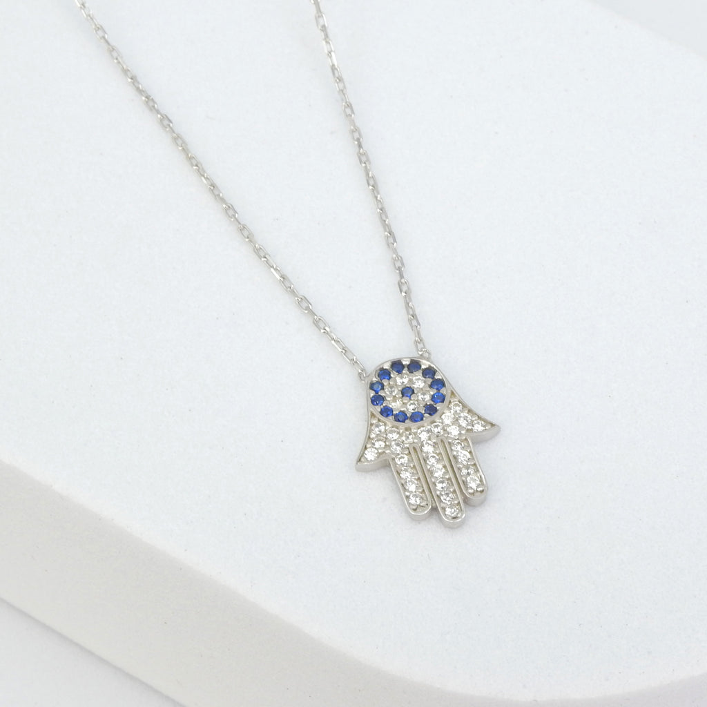 Sterling Silver CZ & Created Sapphire Hamsa Necklace