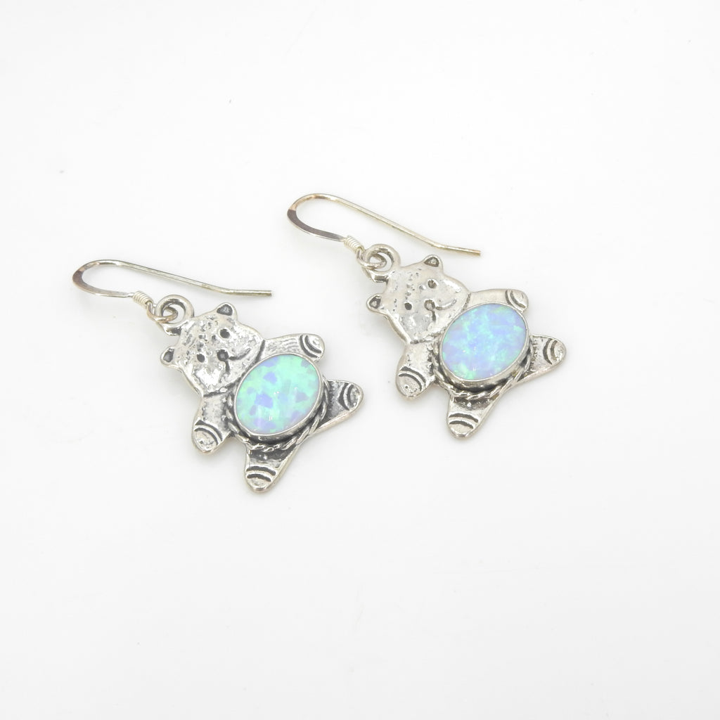 Sterling Silver Bear Earrings w/ Created Opal Center