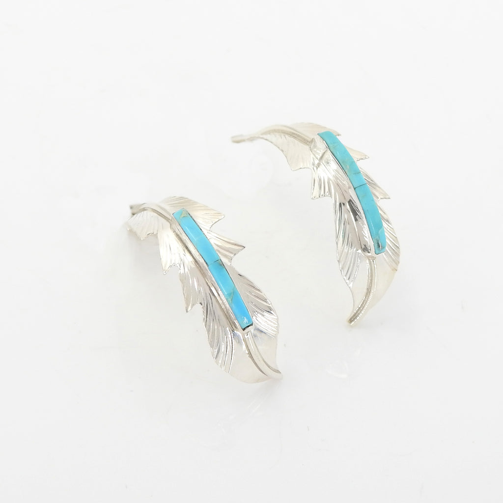 Sterling Silver Turquoise Inlay Feather Earrings