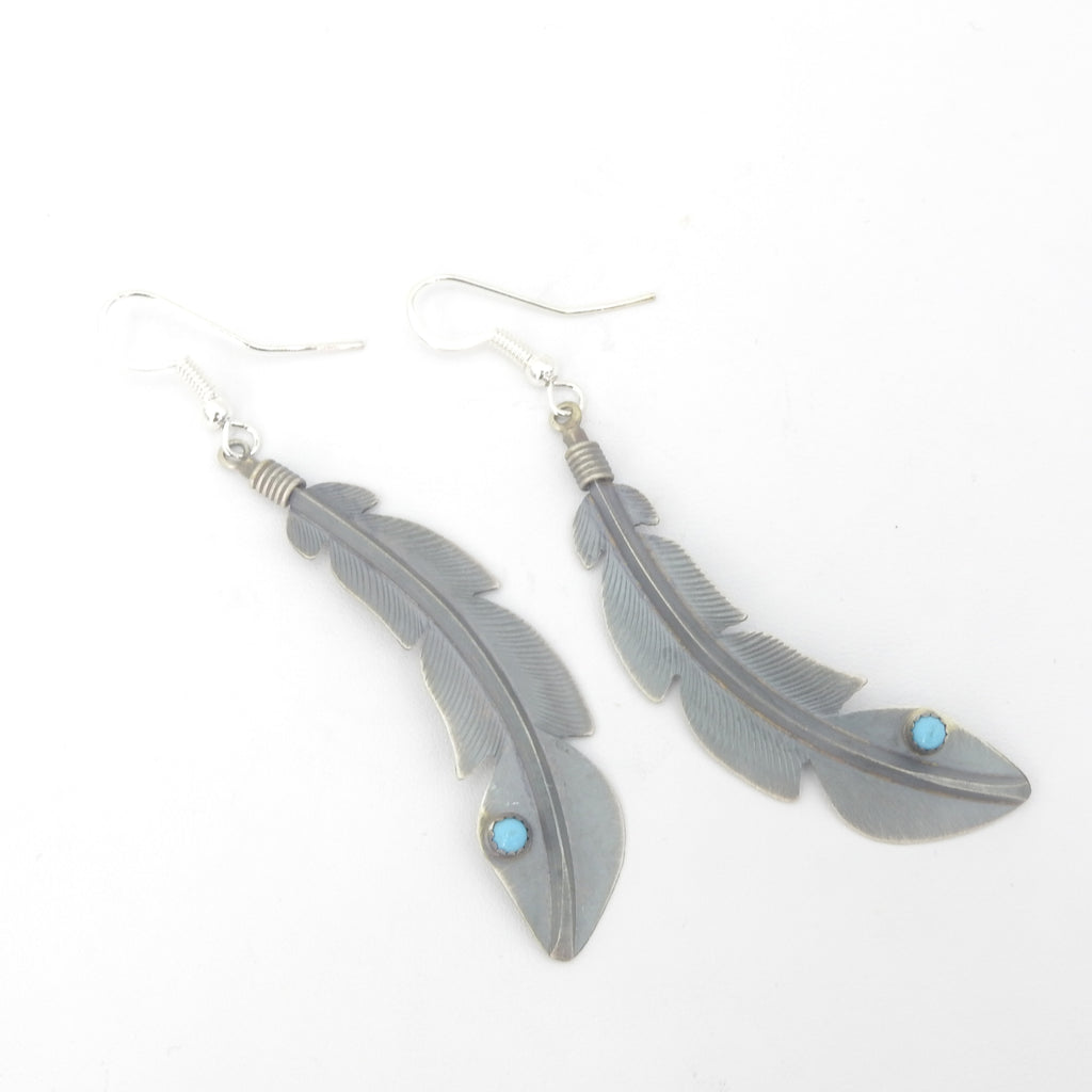 Sterling Silver Native American Feather Earrings w/ Turquoise