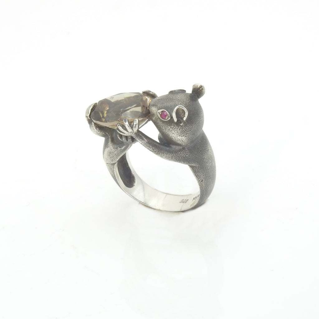 Sterling Silver Squirrel Smoky Topaz & Ruby Ring Size 7.75