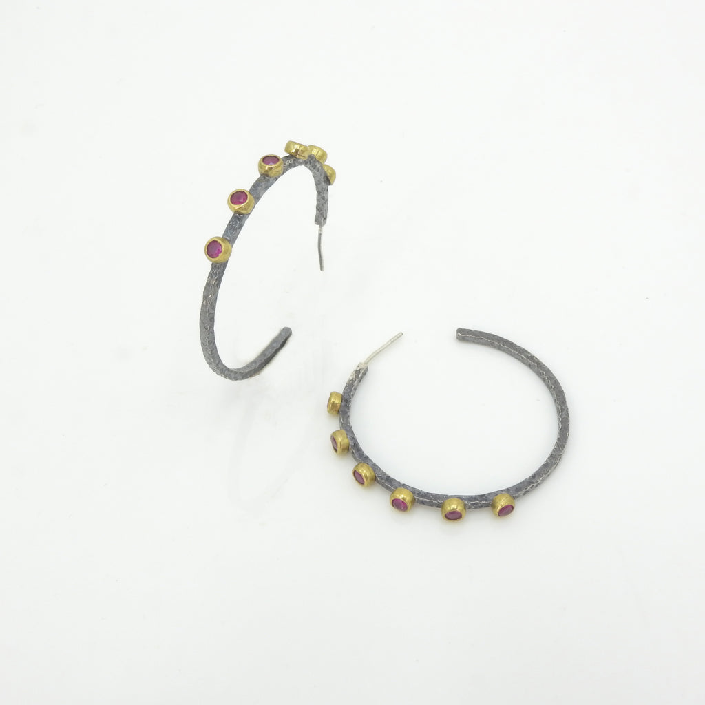 Sterling Silver Oxidized Ruby Hoop Earrings