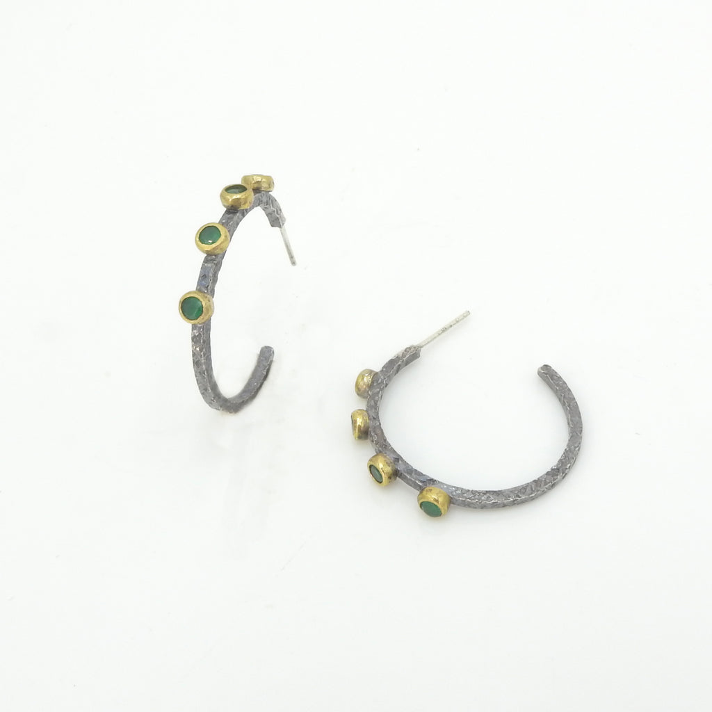 Sterling Silver Oxidized Silver Emerald Hoop Earrings