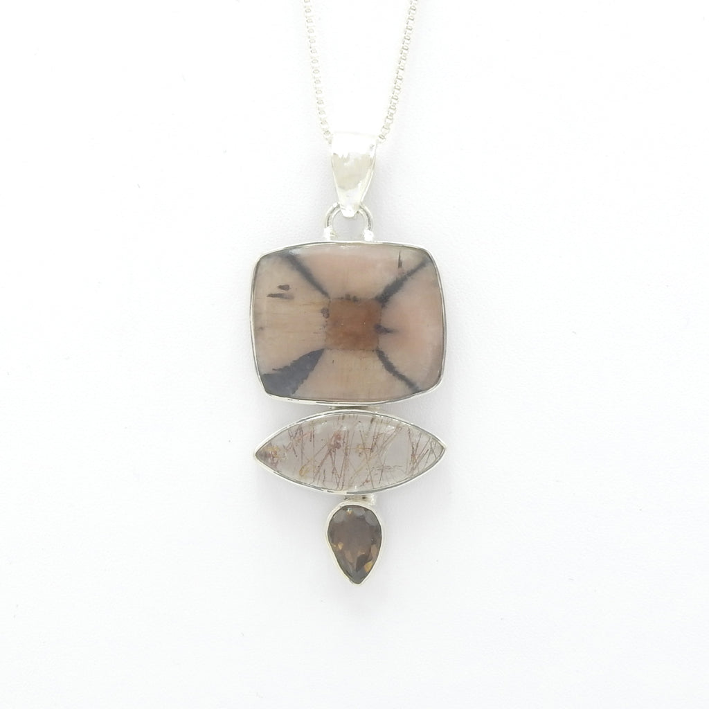 Sterling Silver Chiastolite, Smokey Quartz, & Rutilated Quartz Pendant