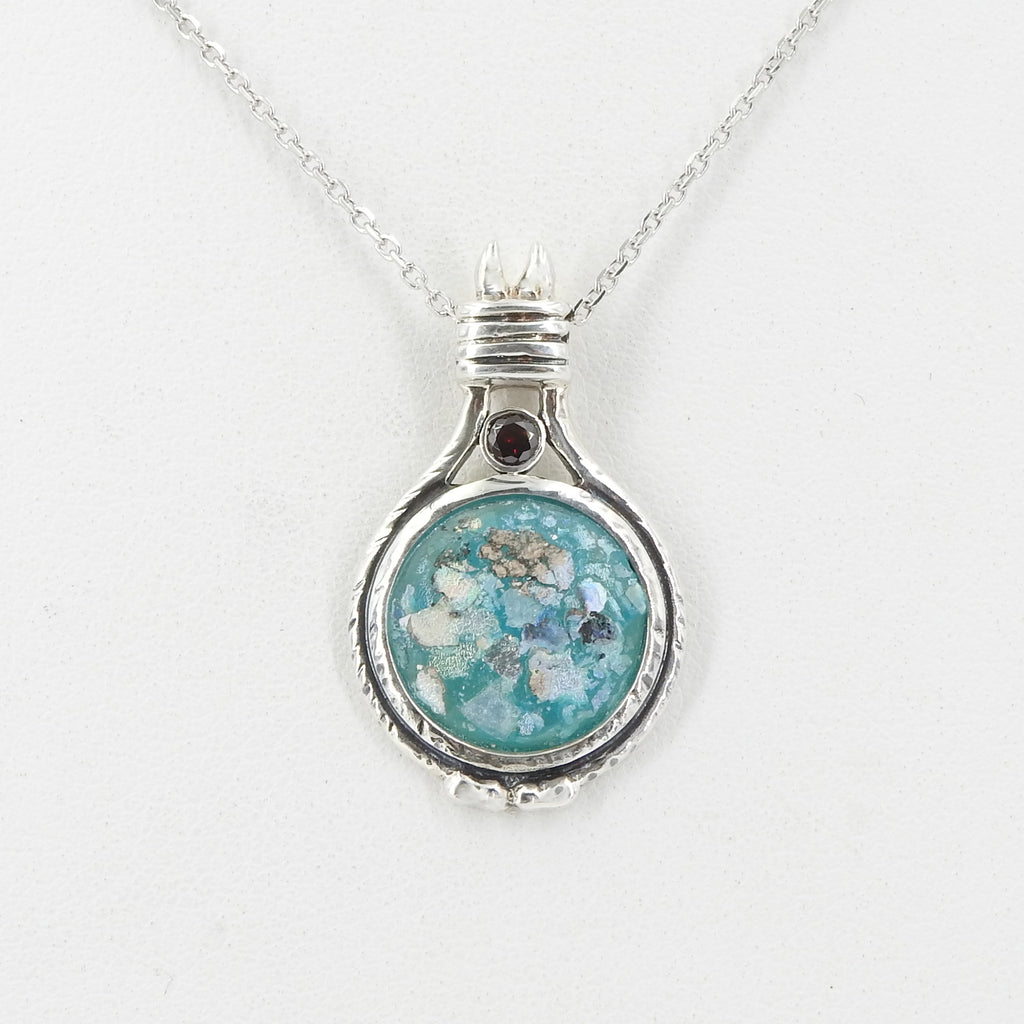 Sterling Silver Roman Glass & Garnet Pendant