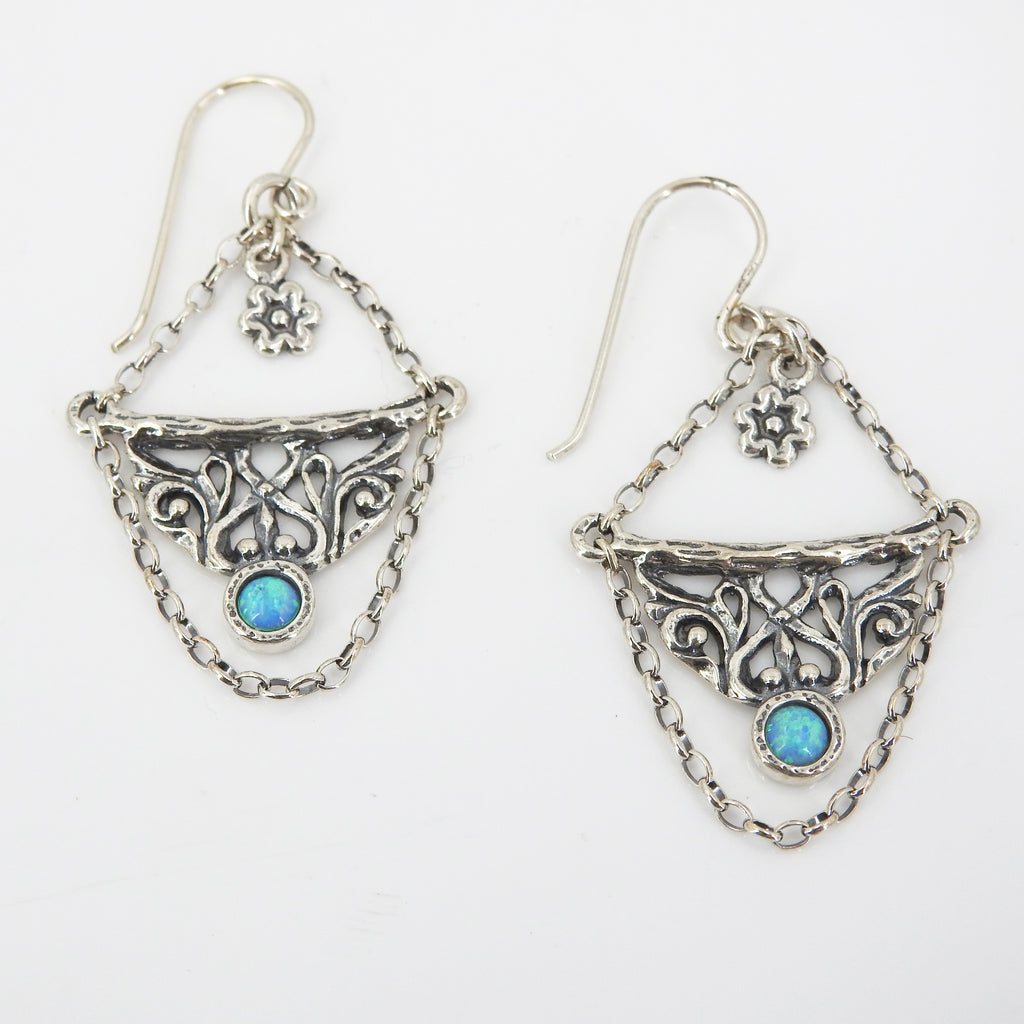 Sterling Silver Created Opal & Chain Earrings