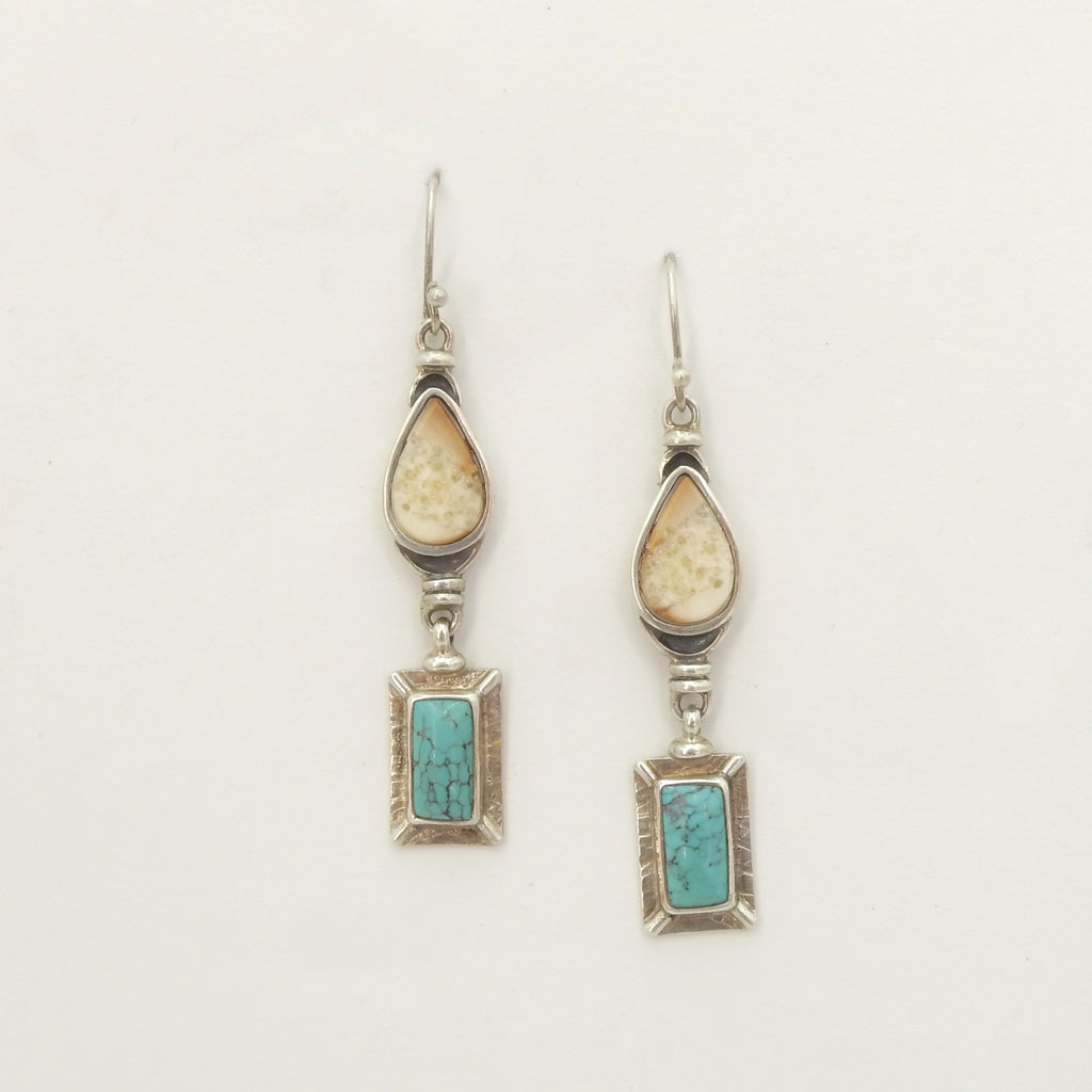 Sterling Silver Fossilized Walrus Tusk & Turquoise Earrings