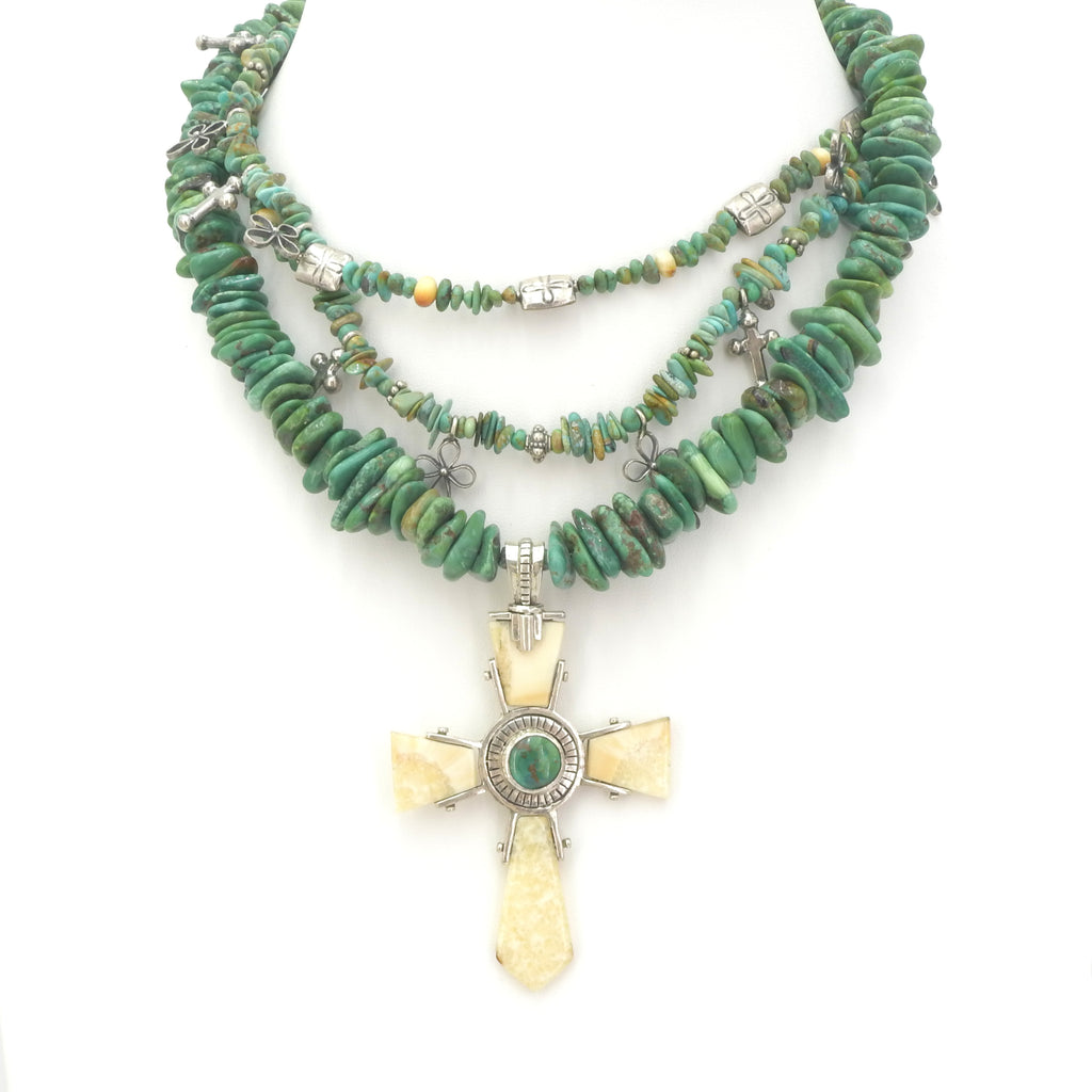 Sterling Silver Turquoise & Fossilized Walrus Tusk Cross Necklace