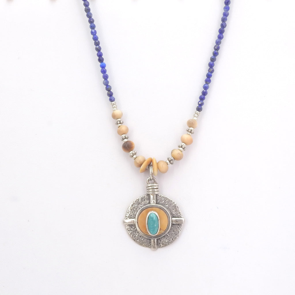 Sterling Silver Fossilized Tusk, Lapis and Turquoise Necklace