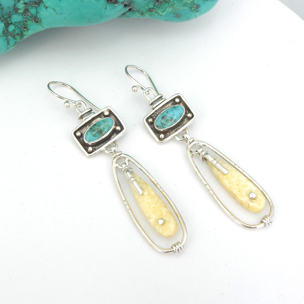 Sterling Silver Fossilized Tusk and Turquoise Earrings