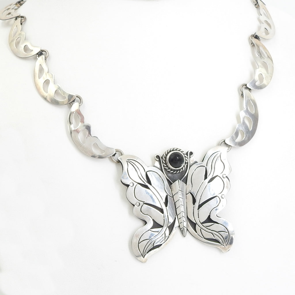 Sterling Silver Butterfly & Onyx Necklace